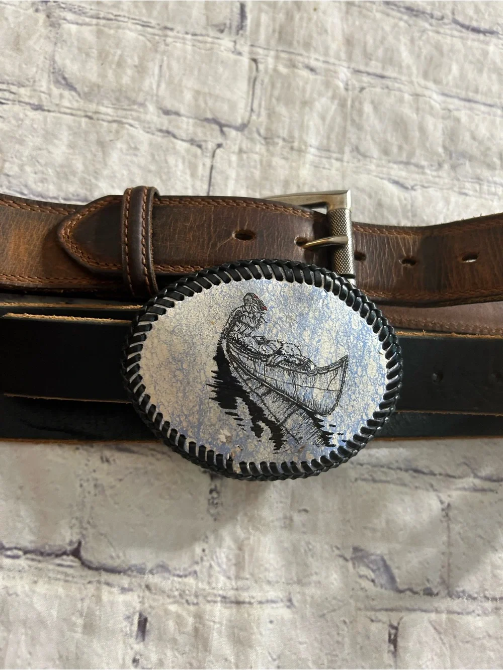 DISTRESSED RUSTIC BROWN CHANGEABLE BUCKLE & RUGGED BLACK  GRAPHIC BUCKLE BELTS